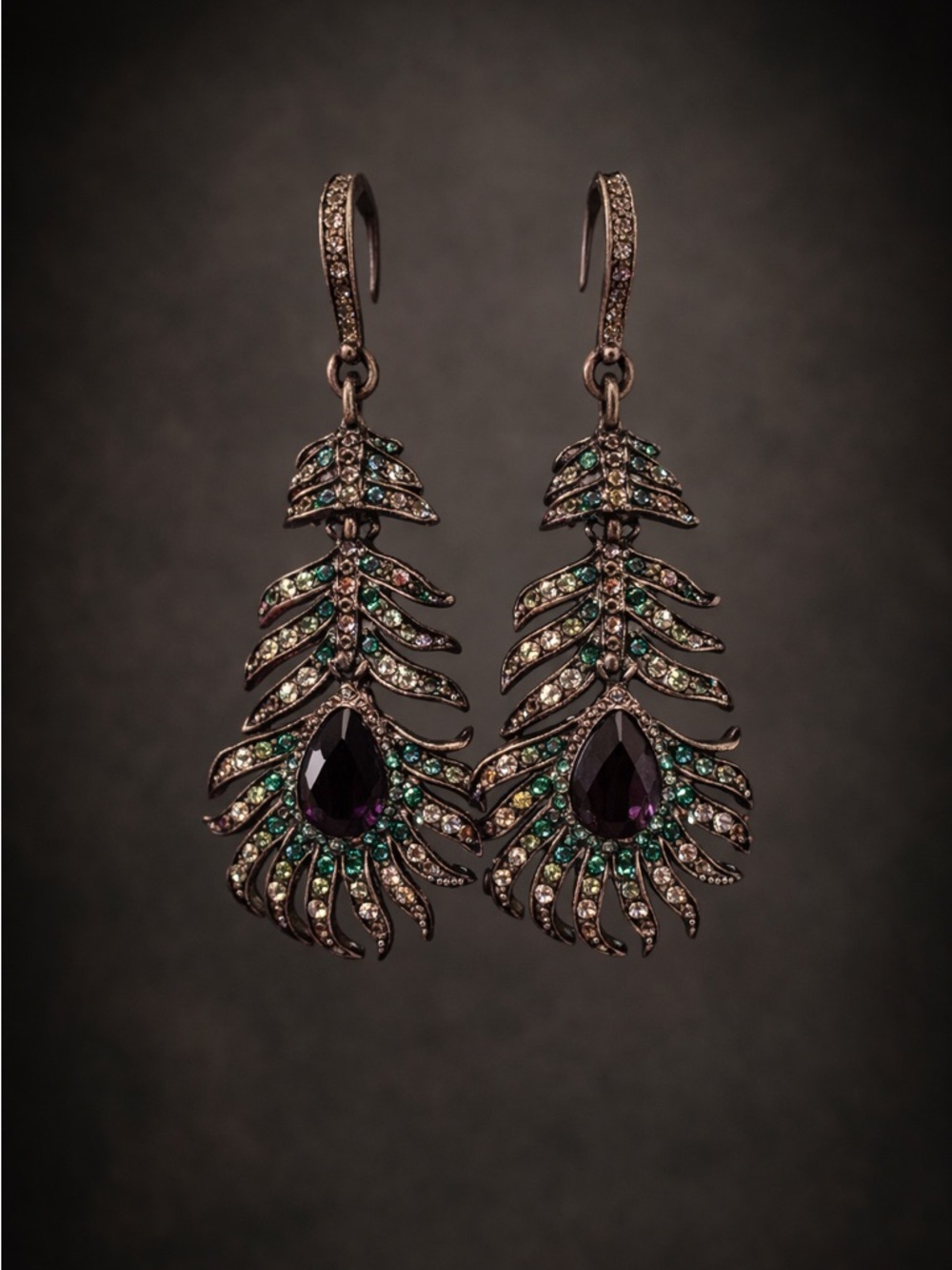 Amethyst Teardrop Peacock Feather Earrings - Brand Not Visible